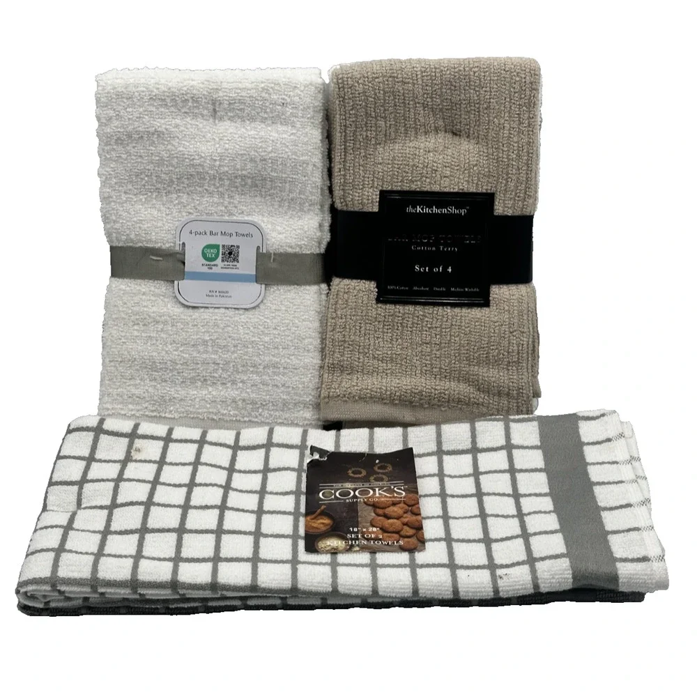 10 Pc Towel Bundle- 8 Cotton Bar Mop Towels 16x19 & 2 Kitchen Dish Towels 18x28